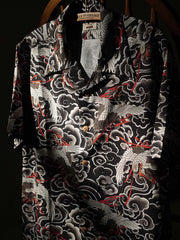 鶴の和柄半袖ハワイアンシャツ細部図