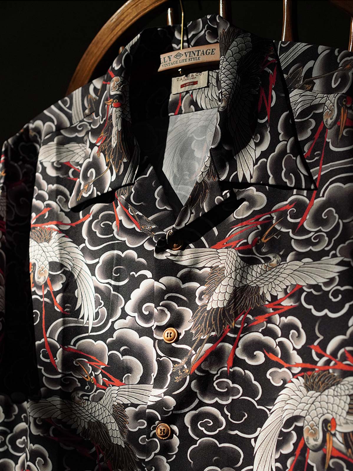 鶴の和柄半袖ハワイアンシャツ細部図