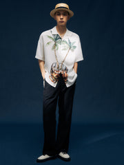 ヤシの木とウイスキーグラスプリント ハワイアンシャツ