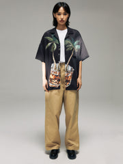 ヤシの木とウイスキーグラスプリント ハワイアンシャツ