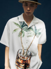ヤシの木とウイスキーグラスプリント ハワイアンシャツ