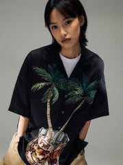 ヤシの木とウイスキーグラスプリント ハワイアンシャツ