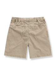 : パッチワークスタイルワークショーツの詳細画像。YKK金具とツイル生地を表示。