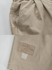 : パッチワークスタイルワークショーツの詳細画像。YKK金具とツイル生地を表示。