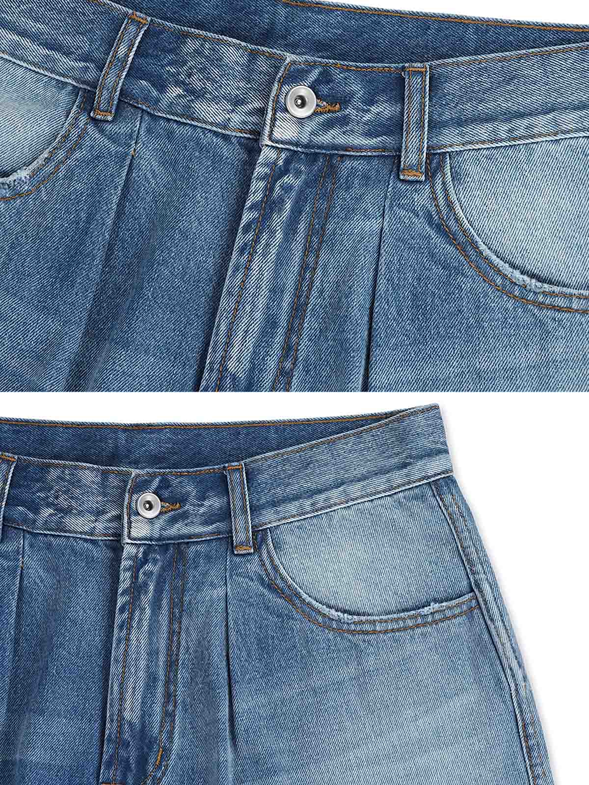 ヴィンテージ加工フリンジデニムショーツの詳細画像。日本製YKKジッパーとボタンを表示