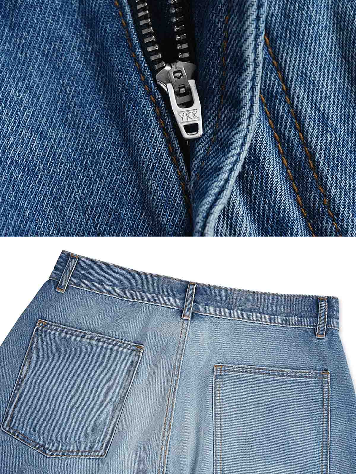 ヴィンテージ加工フリンジデニムショーツの詳細画像。日本製YKKジッパーとボタンを表示