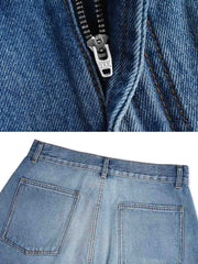 ヴィンテージ加工フリンジデニムショーツの詳細画像。日本製YKKジッパーとボタンを表示