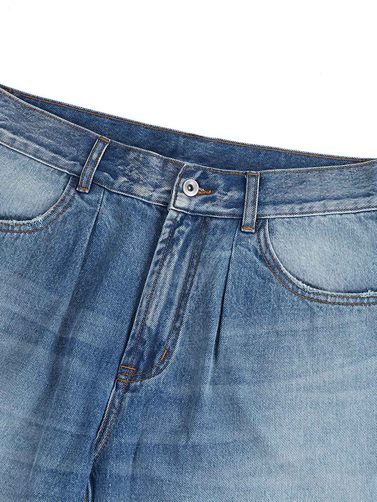ヴィンテージ加工フリンジデニムショーツの詳細画像。日本製YKKジッパーとボタンを表示
