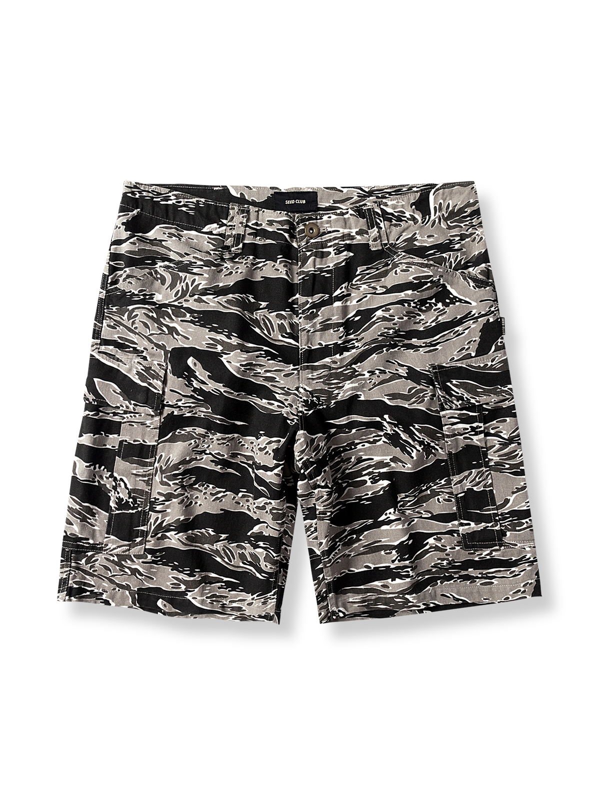 製品画像: 虎柄迷彩カーゴショーツの全体図、虎柄迷彩パターンとマルチポケットデザインを示す。