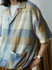 リネンチェック オープンカラーシャツ