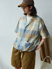 リネンチェック オープンカラーシャツ