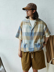 リネンチェック オープンカラーシャツ