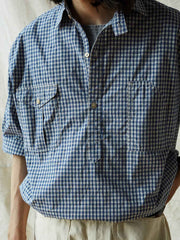 ブルー&ホワイト細チェックワークシャツ