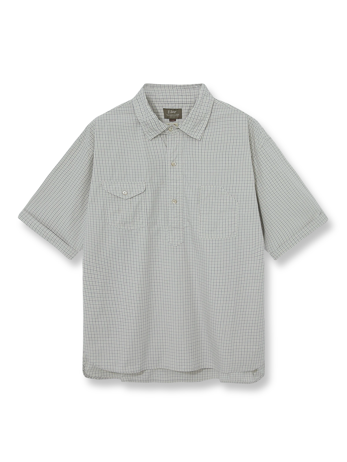 ブルー&ホワイト細チェック半袖ワークシャツ全体展示、細かいチェックデザインとルーズフィットを紹介。