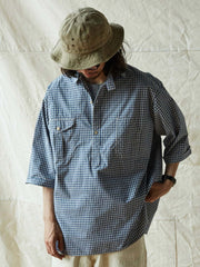 ブルー&ホワイト細チェックワークシャツ