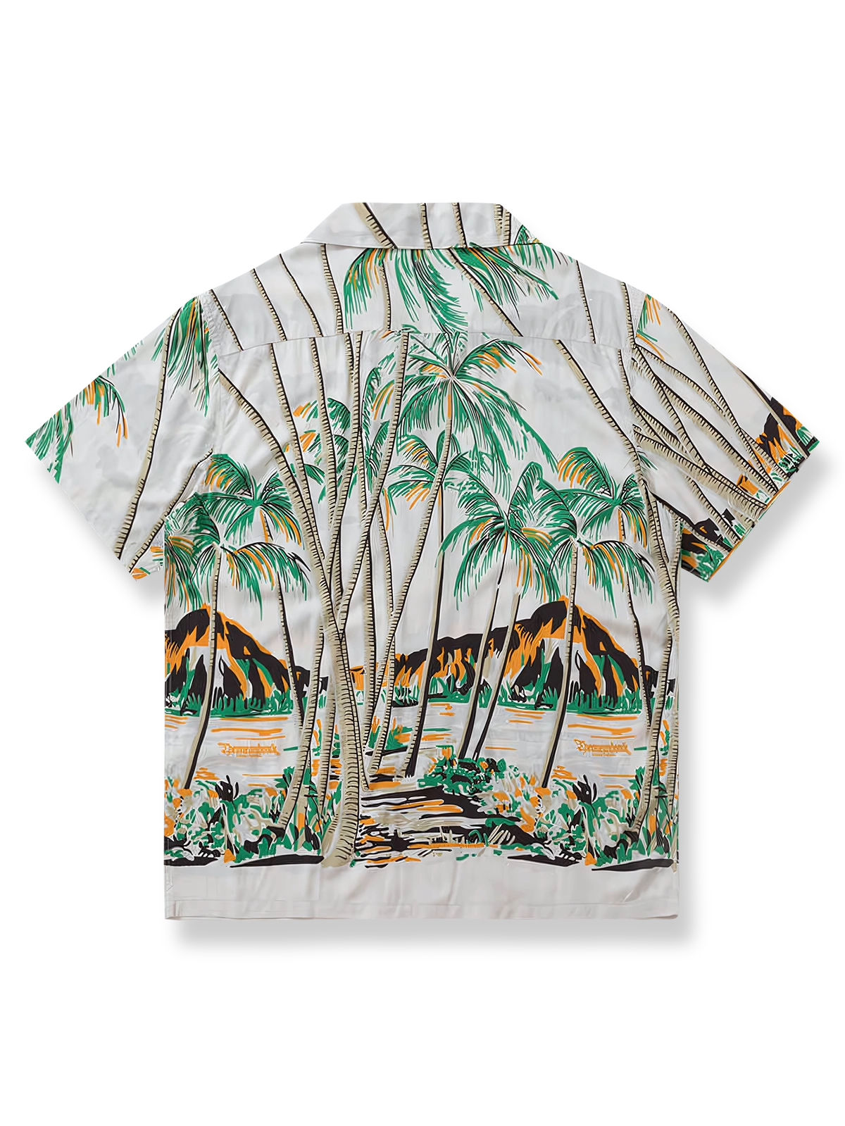 アイランドヤシの木ハワイアンシャツの全体展示、トロピカルなパターンとルーズフィットデザインを示す。