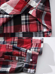 チェック柄シャツのパッチワークの細部と布地の質感のクローズアップ。