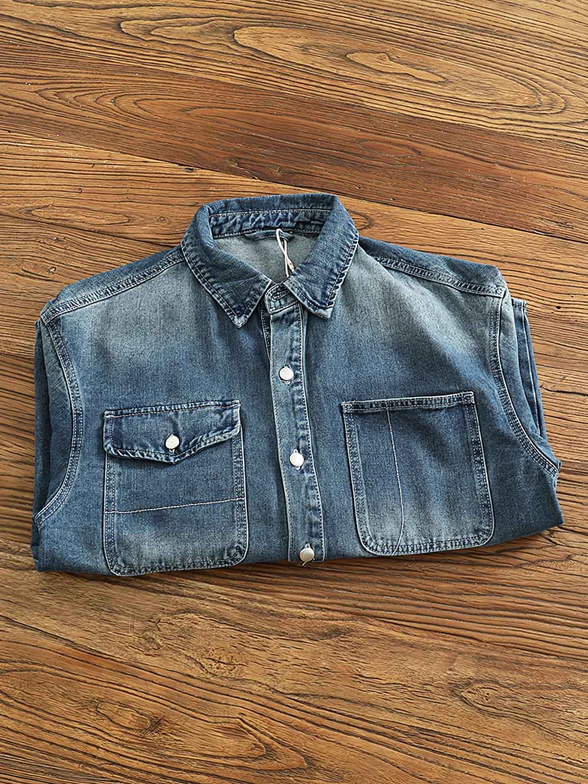 シャツのダブルポケットと金属ボタンのディテール画像。