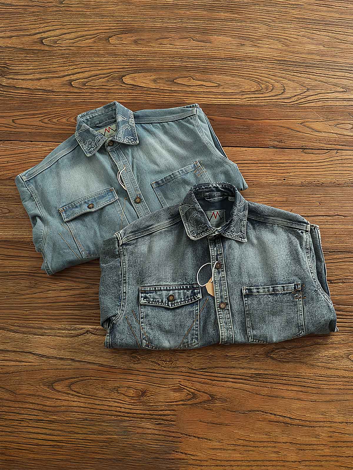 シャツのウォッシュ加工ディテールとワークポケットデザイン