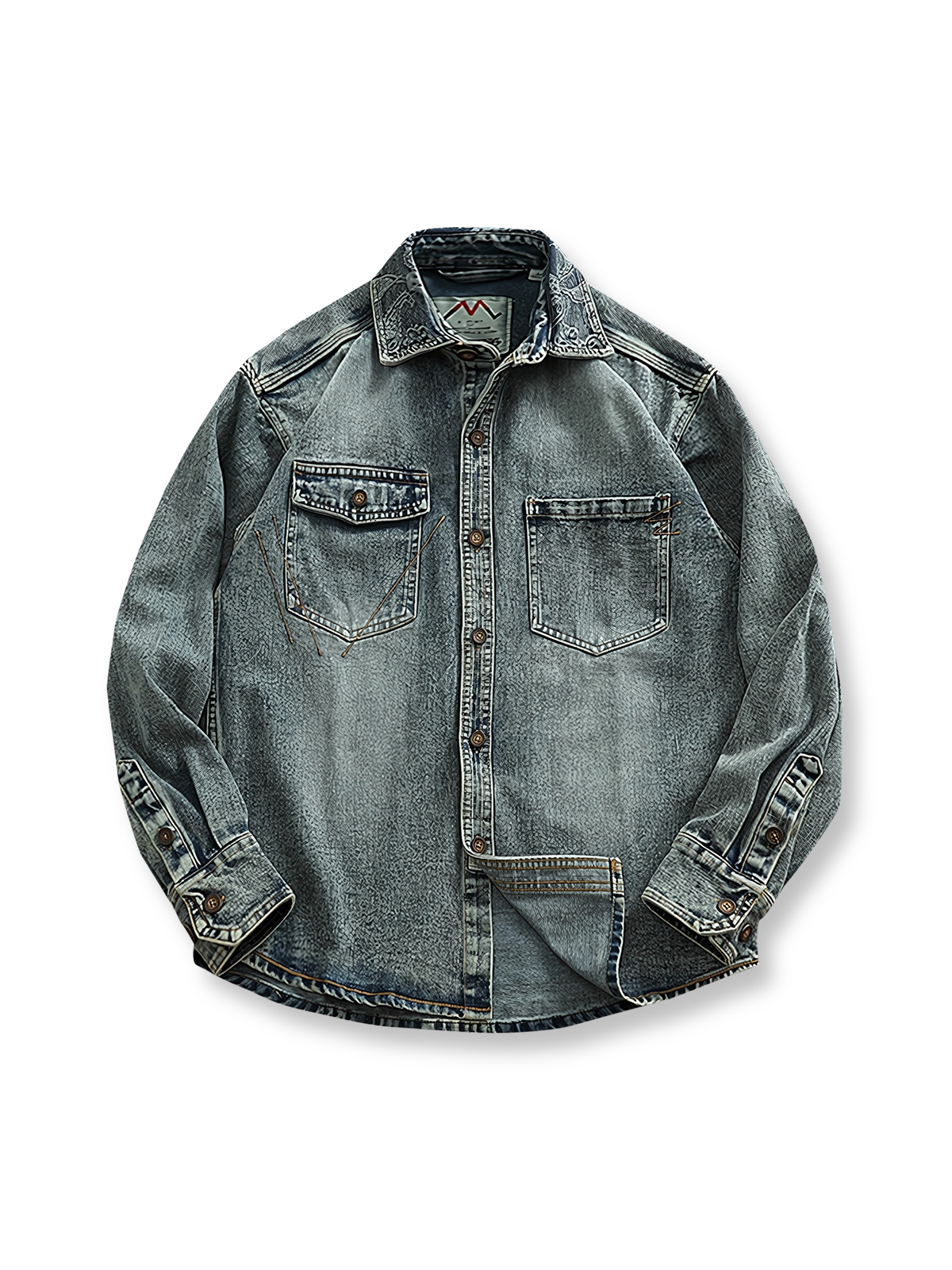 ウォッシュ加工デニムワークシャツの全体展示