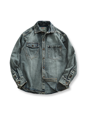 ウォッシュ加工デニムワークシャツの全体展示