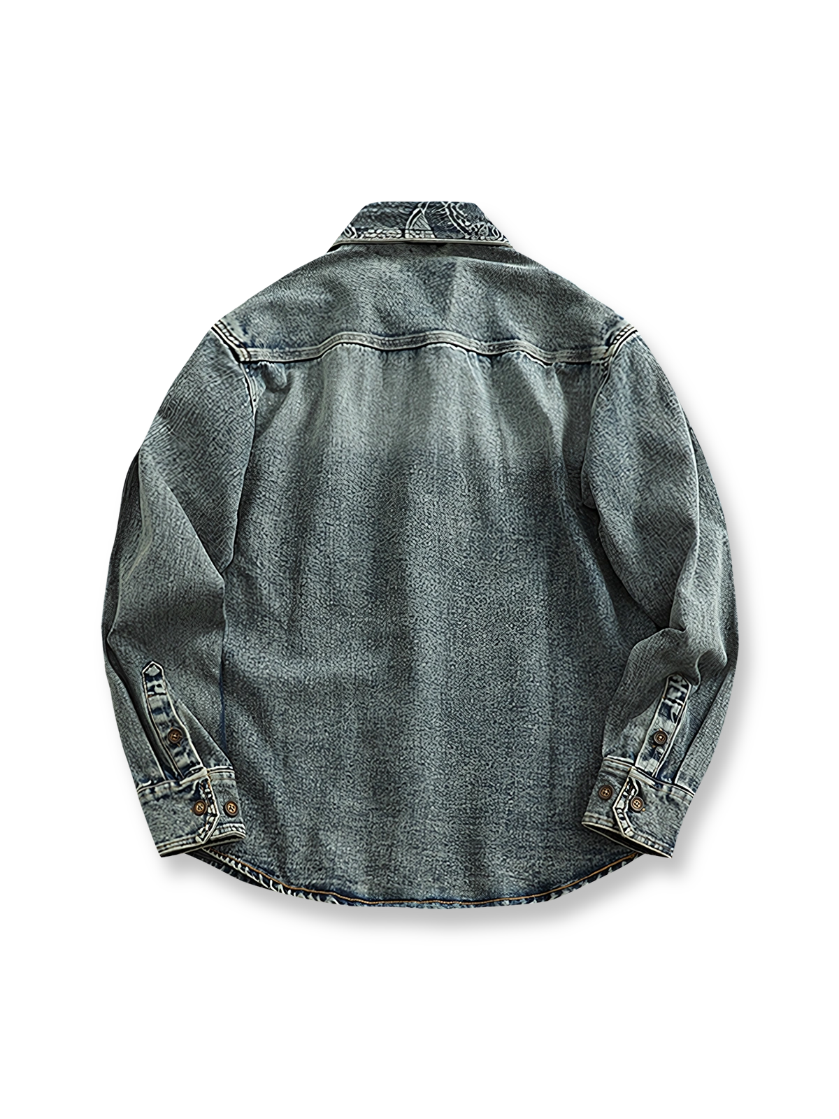 シャツのウォッシュ加工ディテールとワークポケットデザイン