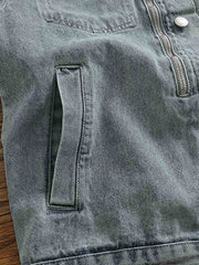 アメリカンカジュアル襟付きデニムジャケットのワークポケットとユーズド加工のディテール