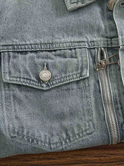 アメリカンカジュアル襟付きデニムジャケットのワークポケットとユーズド加工のディテール