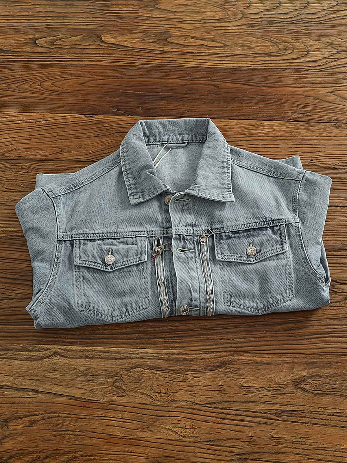 アメリカンカジュアル襟付きデニムジャケットのワークポケットとユーズド加工のディテール