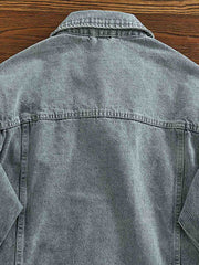 アメリカンカジュアル襟付きデニムジャケットのワークポケットとユーズド加工のディテール