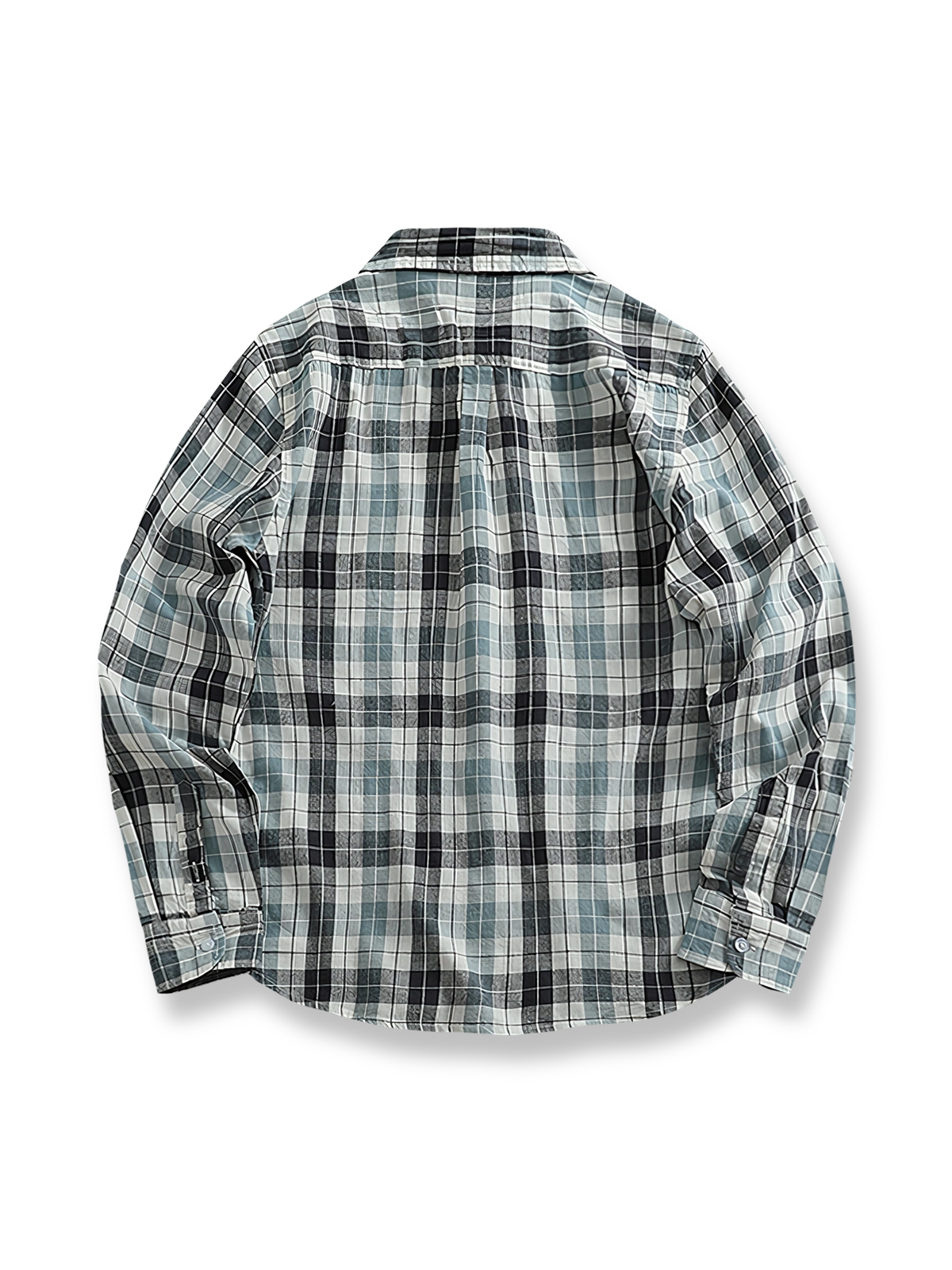 シャツのディテールとパッチワークチェック柄の展示ヴィンテージチェック柄パッチワークシャツの正面展示