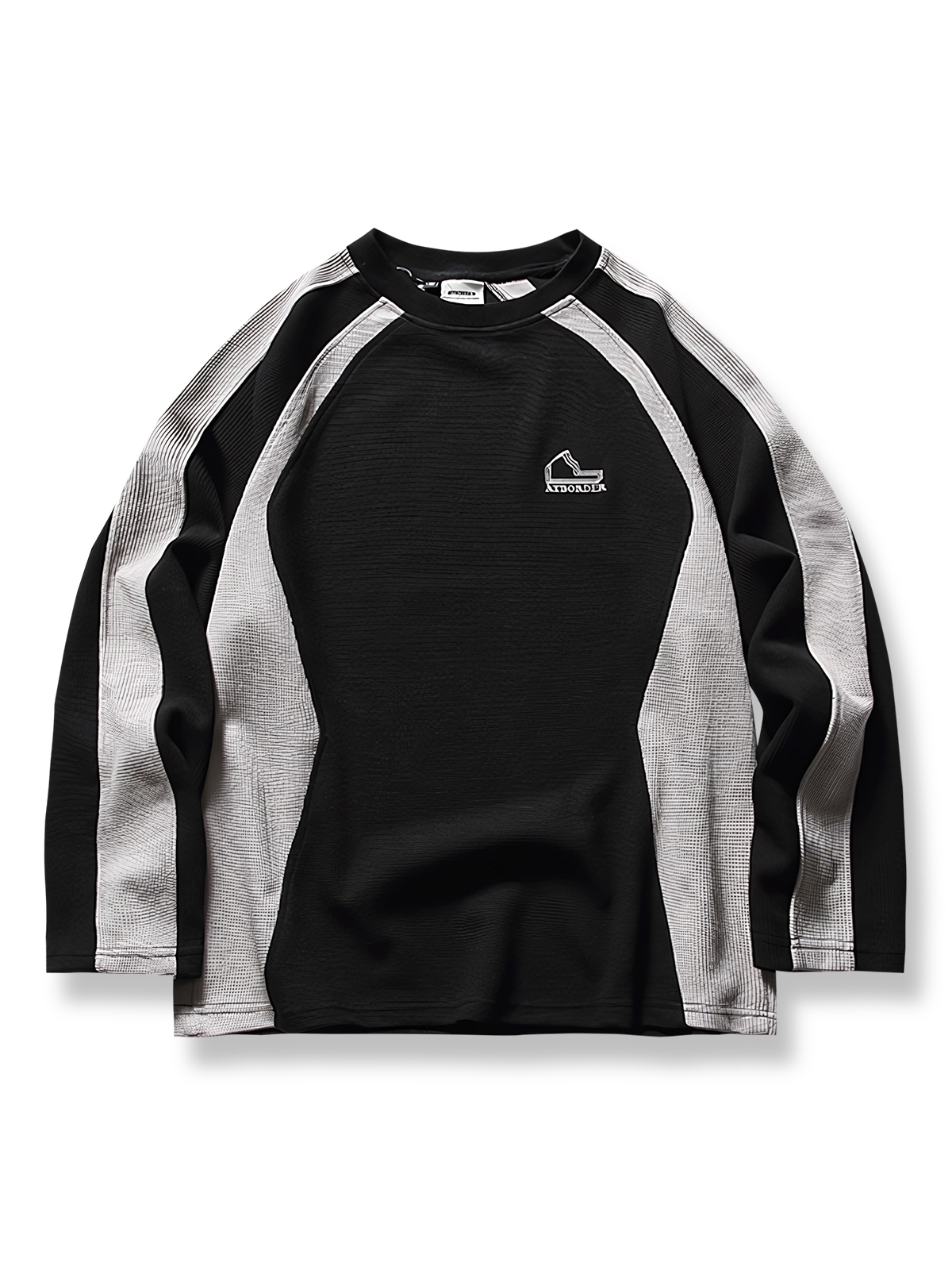 ダークブラウンとライトグリーンのバイカラーパッチワーククルーネックスウェットの正面展示