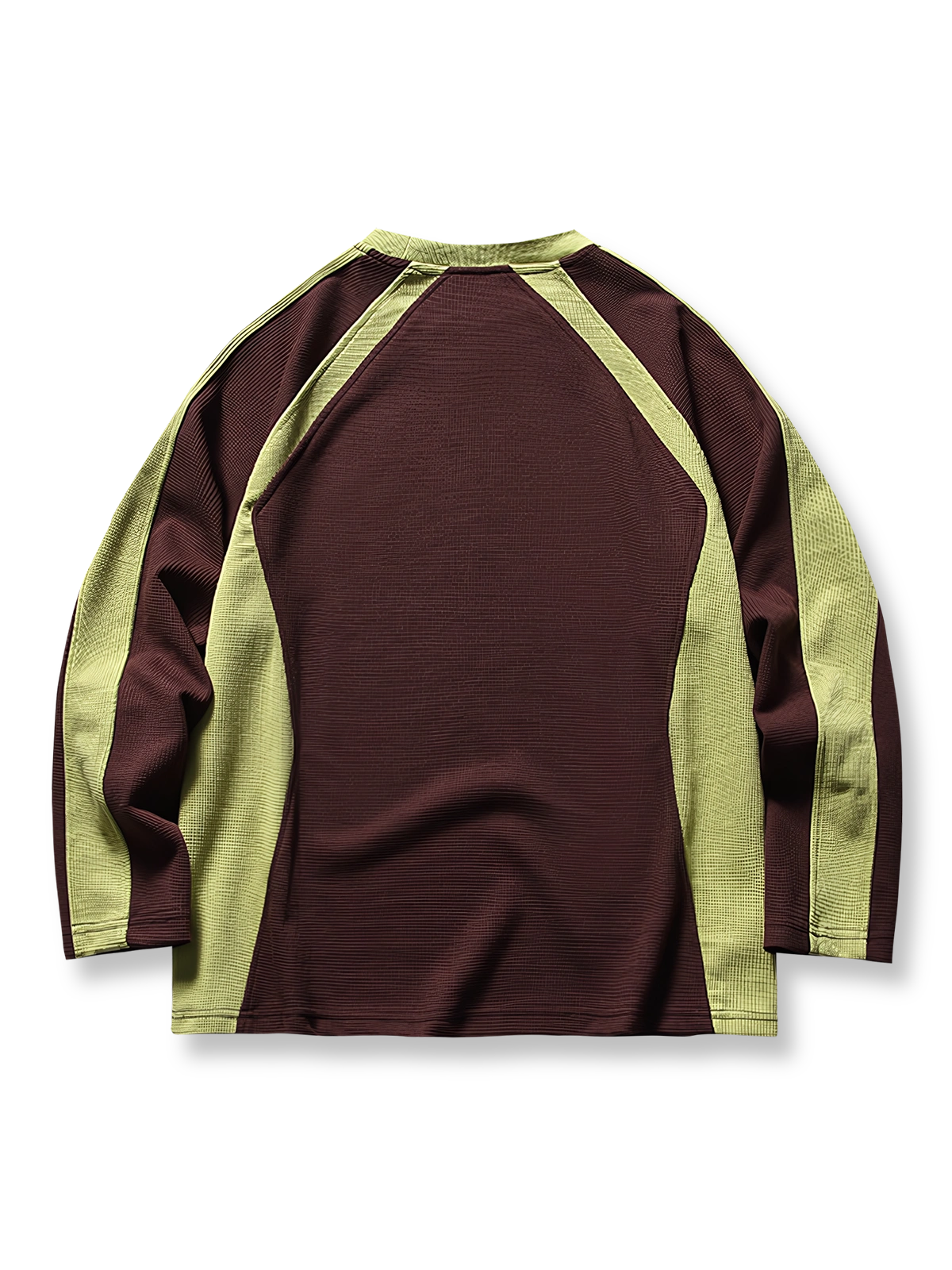 ダークブラウンとライトグリーンのバイカラーパッチワーククルーネックスウェットの正面展示