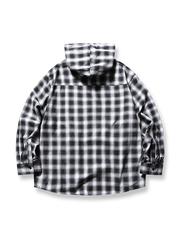 製品画像: ヴィンテージチェック ドローストリングフードジャケットのフロント展示 詳細画像: フードとドローストリングのディテール展示