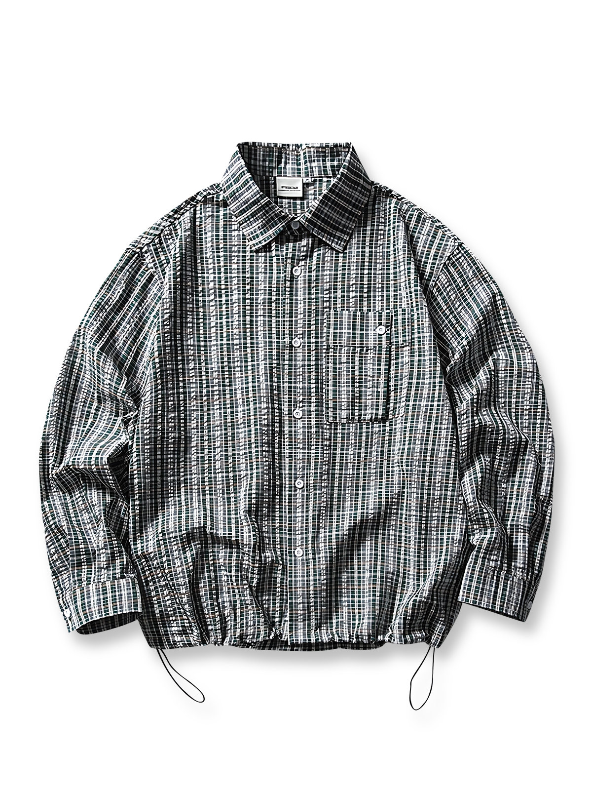 製品画像: ワイドフィットでドローストリング付きのチェックシャツの正面全体画像