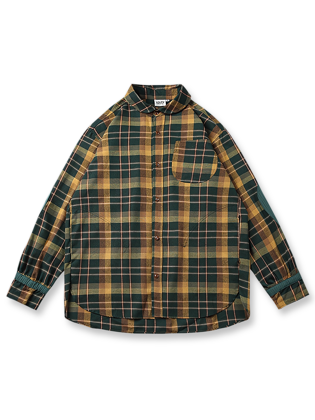 パッチワークチェック柄長袖シャツ正面図