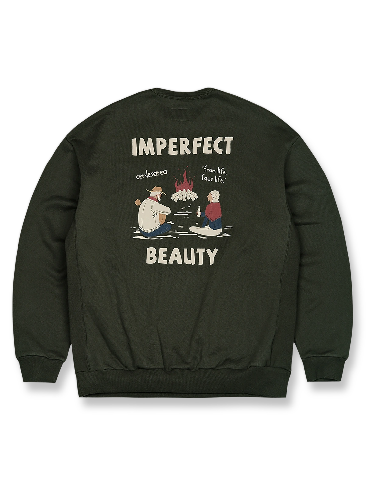 製品画像: 焚き火柄のアメリカンレトロスウェットシャツ全体の展示、クラシックなアメリカンスタイルを表現