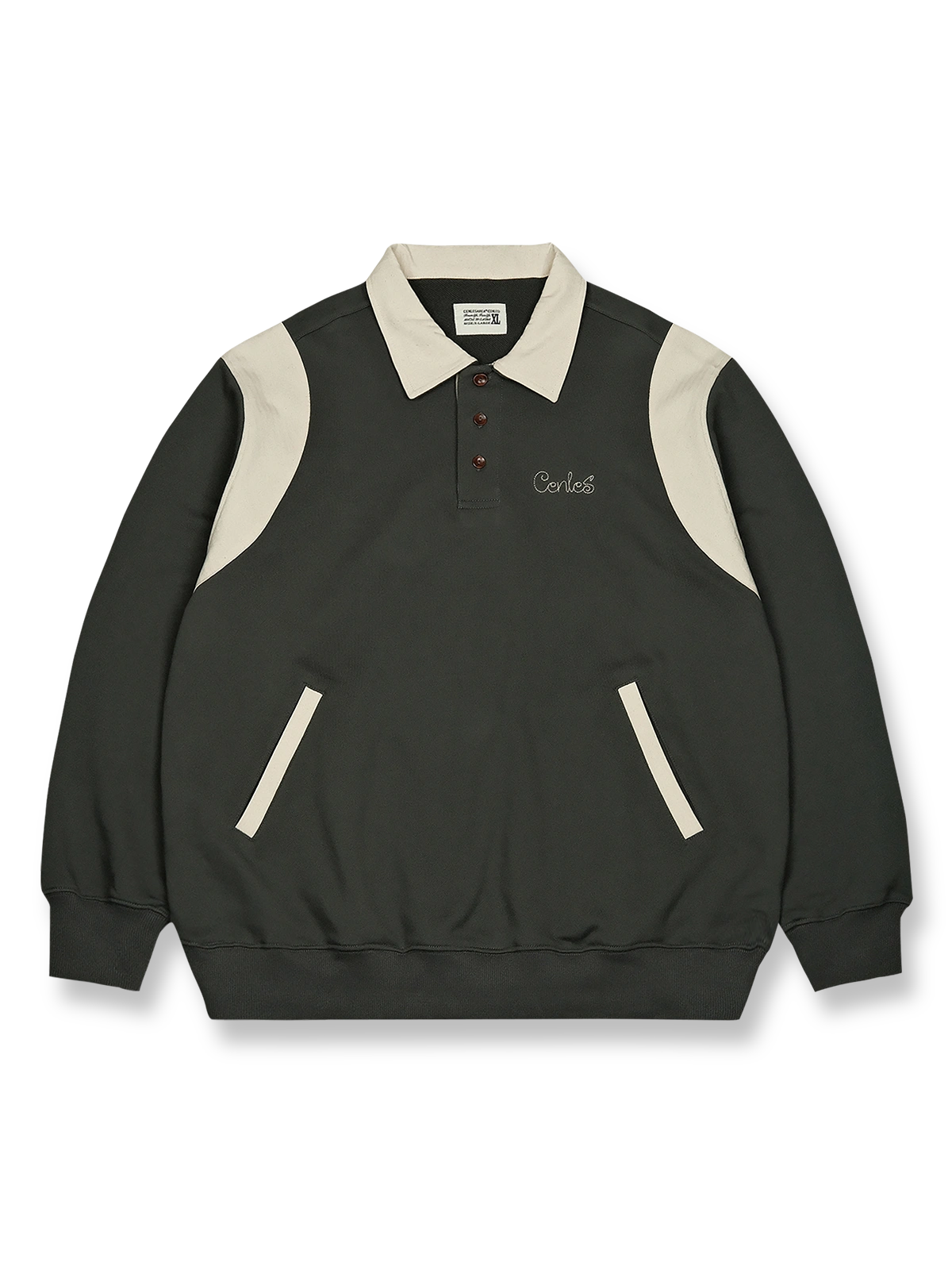 製品画像: ラグビー ポロネック スウェットの全体展示、レトロとモダンが融合したデザインを強調
