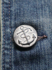 トレンチコートのディテールショット、大きな襟、ダブルブレスト、セルビッチデニムを展示