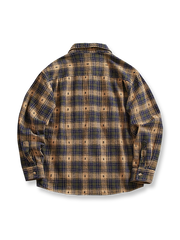 製品画像: 厚手起毛チェック柄ワークシャツのフロント展示 詳細画像: 起毛素材とディテール展示