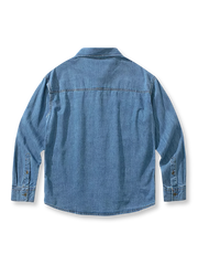 製品画像: ヴィンテージマルチポケットデニムシャツの全体展示 詳細画像: デニムシャツのポケットと生地のディテール展示