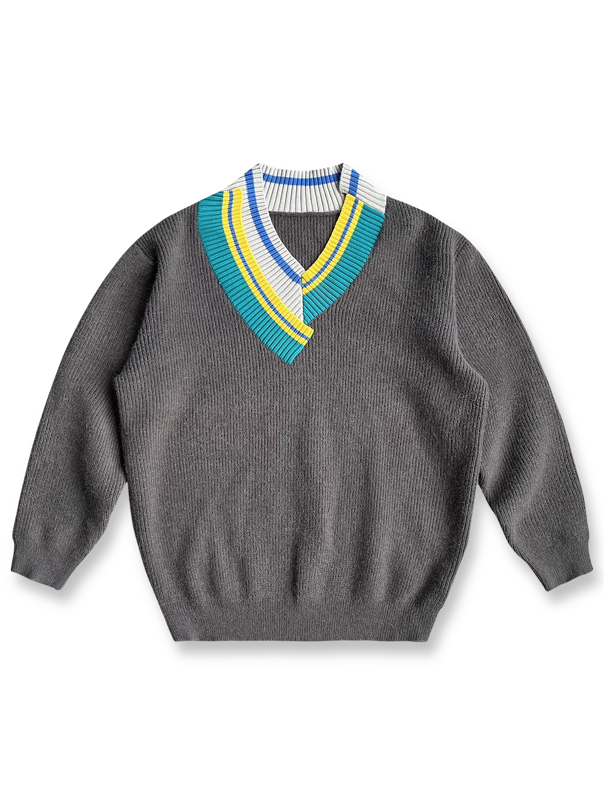 製品画像: 不規則配色Vネックセーターの正面展示