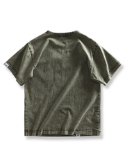 製品画像: 高グラム粗糸コットンヴィンテージウォッシュTシャツ正面
詳細画像: 粗糸素材とスノーウォッシュ加工のディテール