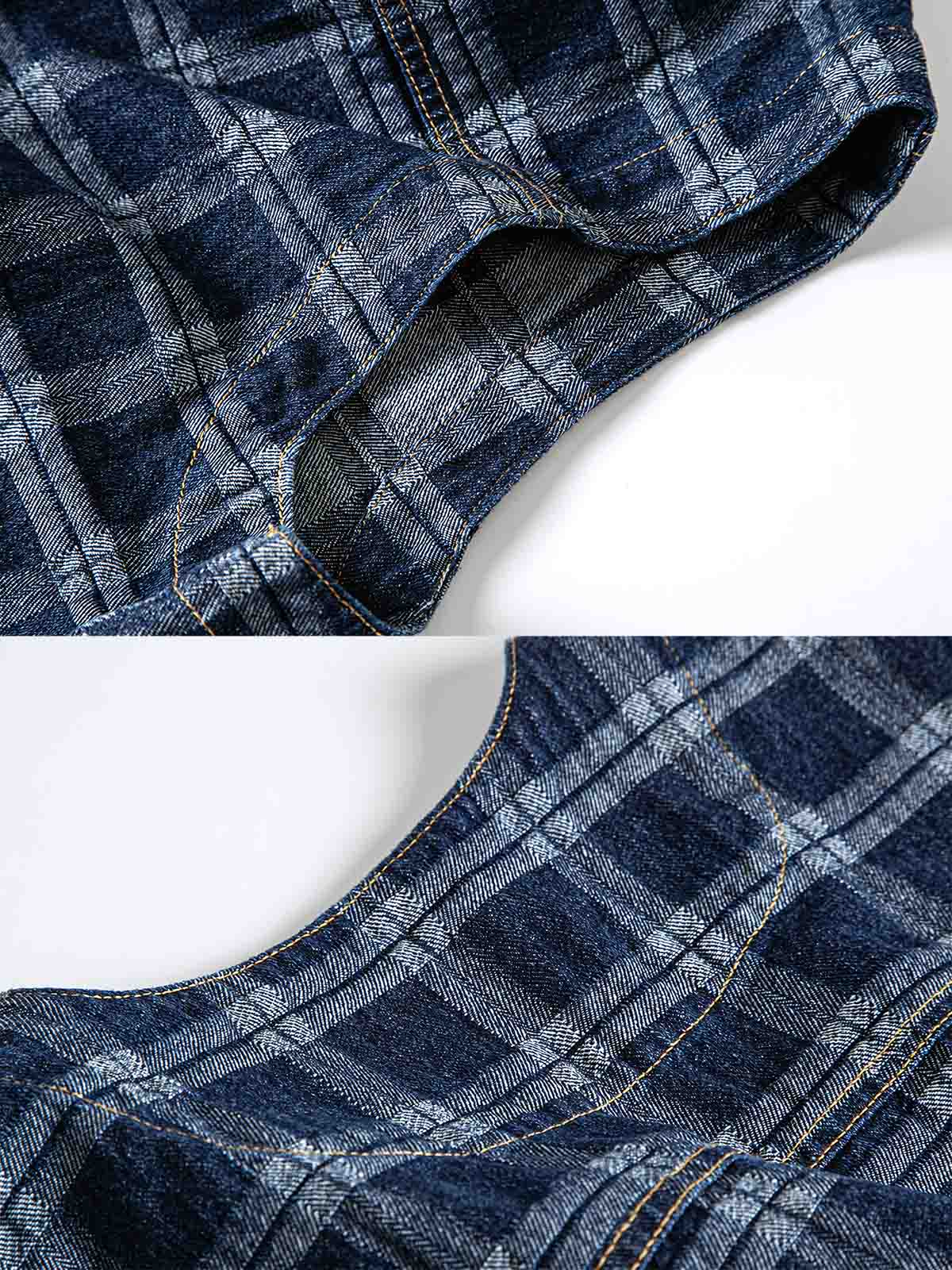 製品画像: ヴィンテージ風ウォッシュドデニムチェック柄ワークベストの正面展示
詳細画像: デニム生地とチェック柄効果のディテール展示