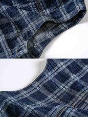 製品画像: ヴィンテージ風ウォッシュドデニムチェック柄ワークベストの正面展示
詳細画像: デニム生地とチェック柄効果のディテール展示