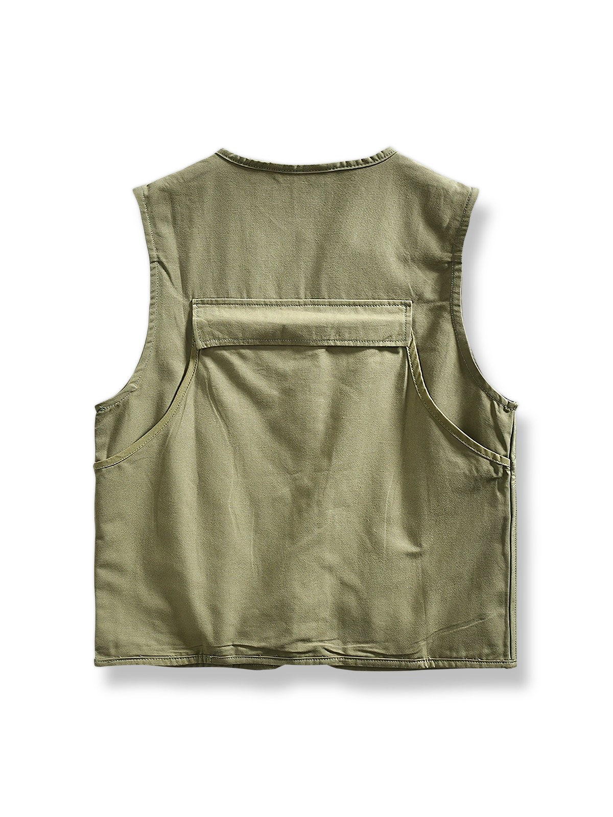 製品画像: ワークスタイルカジュアルベストの正面展示
詳細画像: 多ポケットデザインとウォッシュド加工のディテール展示