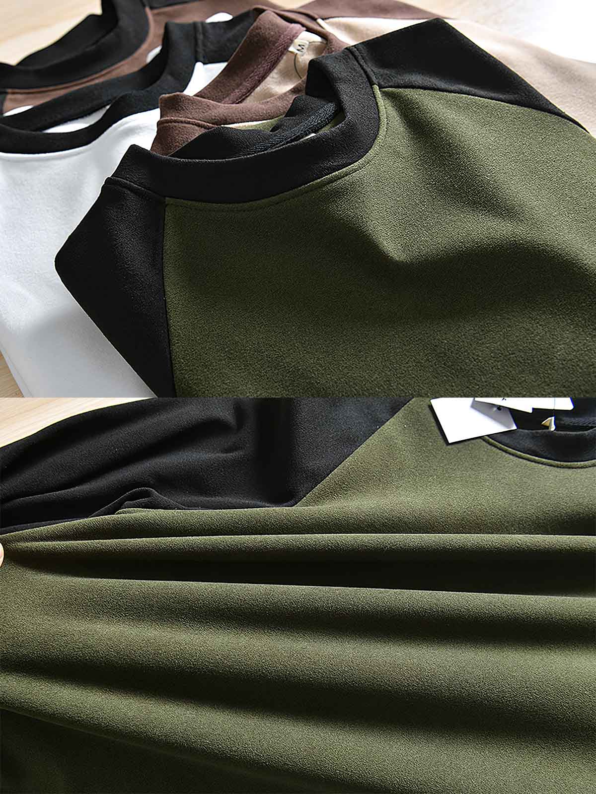 製品画像: ヘビーウェイトのダブルフェイスデロン配色長袖Tシャツの全体展示
詳細画像: 襟元とラグランスリーブの配色デザインディテール