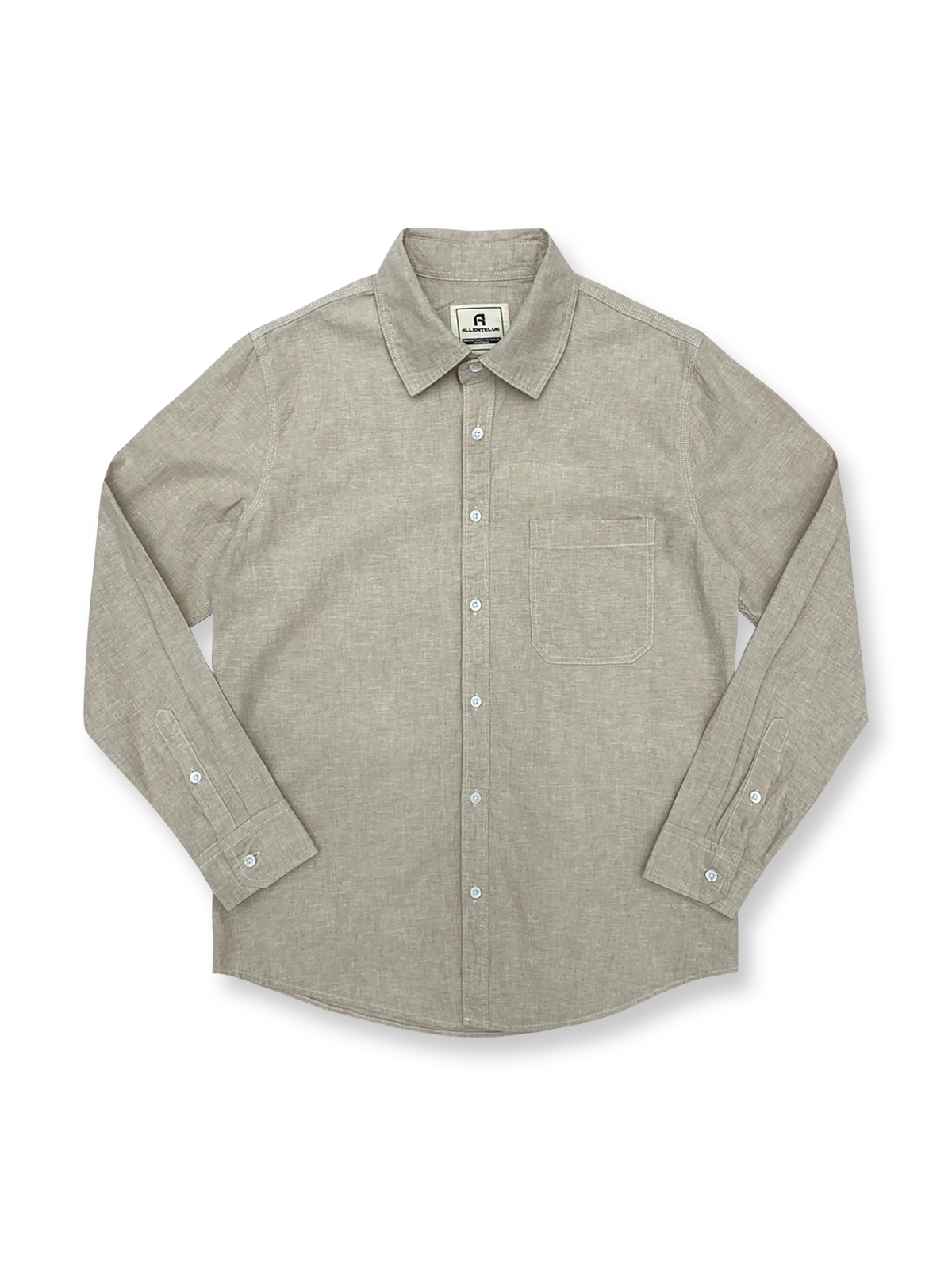 製品画像: クラシックなデザインとシンプルなシルエットが特徴のリネンコットン混紡メンズ長袖シャツの全体画像。