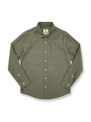 製品画像: クラシックなデザインとシンプルなシルエットが特徴のリネンコットン混紡メンズ長袖シャツの全体画像。