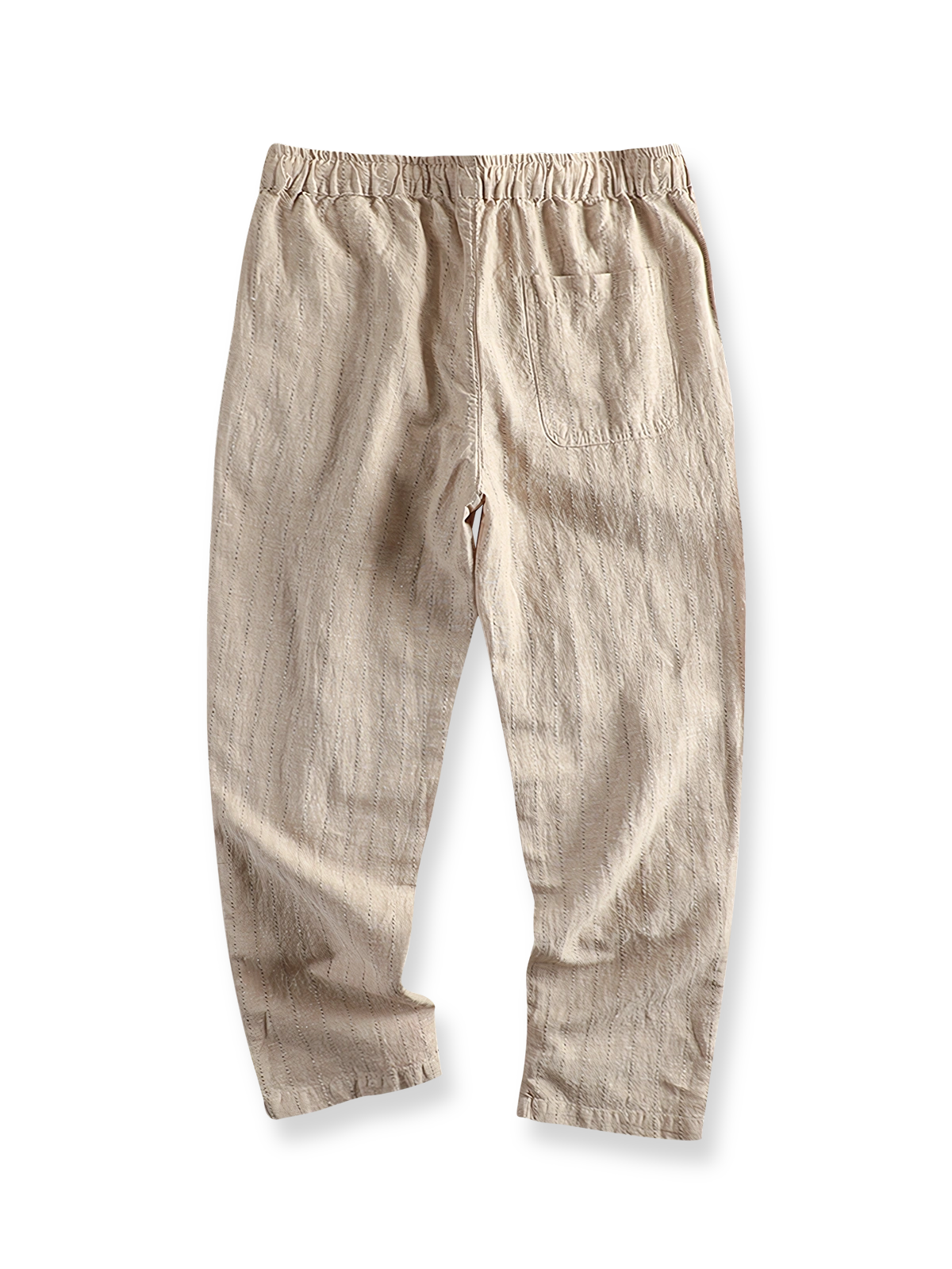 製品画像: リネンコットン素材を使用したヴィンテージストライプのクロップドパンツ
詳細画像: ゴムウエストとドローコードが特徴のヴィンテージストライプパンツ